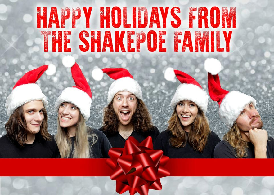 Image showing ShakePoe wearing Santa hats with the text "Happy holidays from the ShakePoe family"