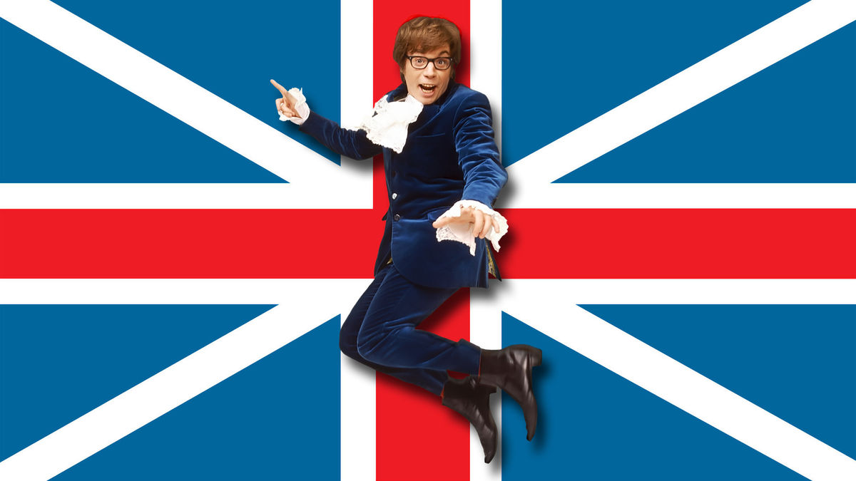 Austin Powers in-front of a Union Jack